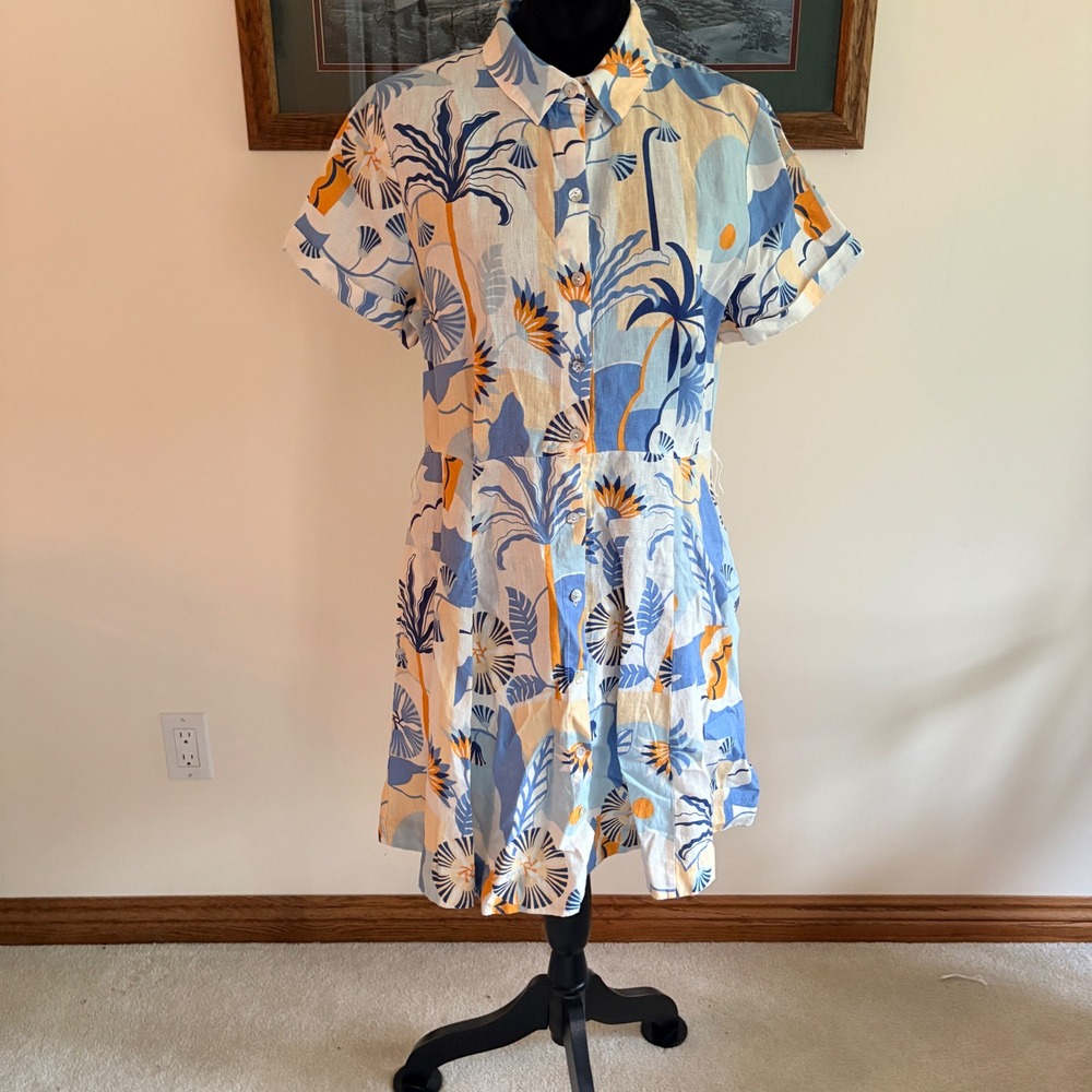 Nicole Miller New York Linen Shirt Dress Womens Large Tropical Blue Palm Button